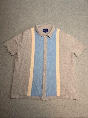 Apt. 9 Short Sleeve Sweater Polo with Sky Blue Front Panels and Beige Stripes